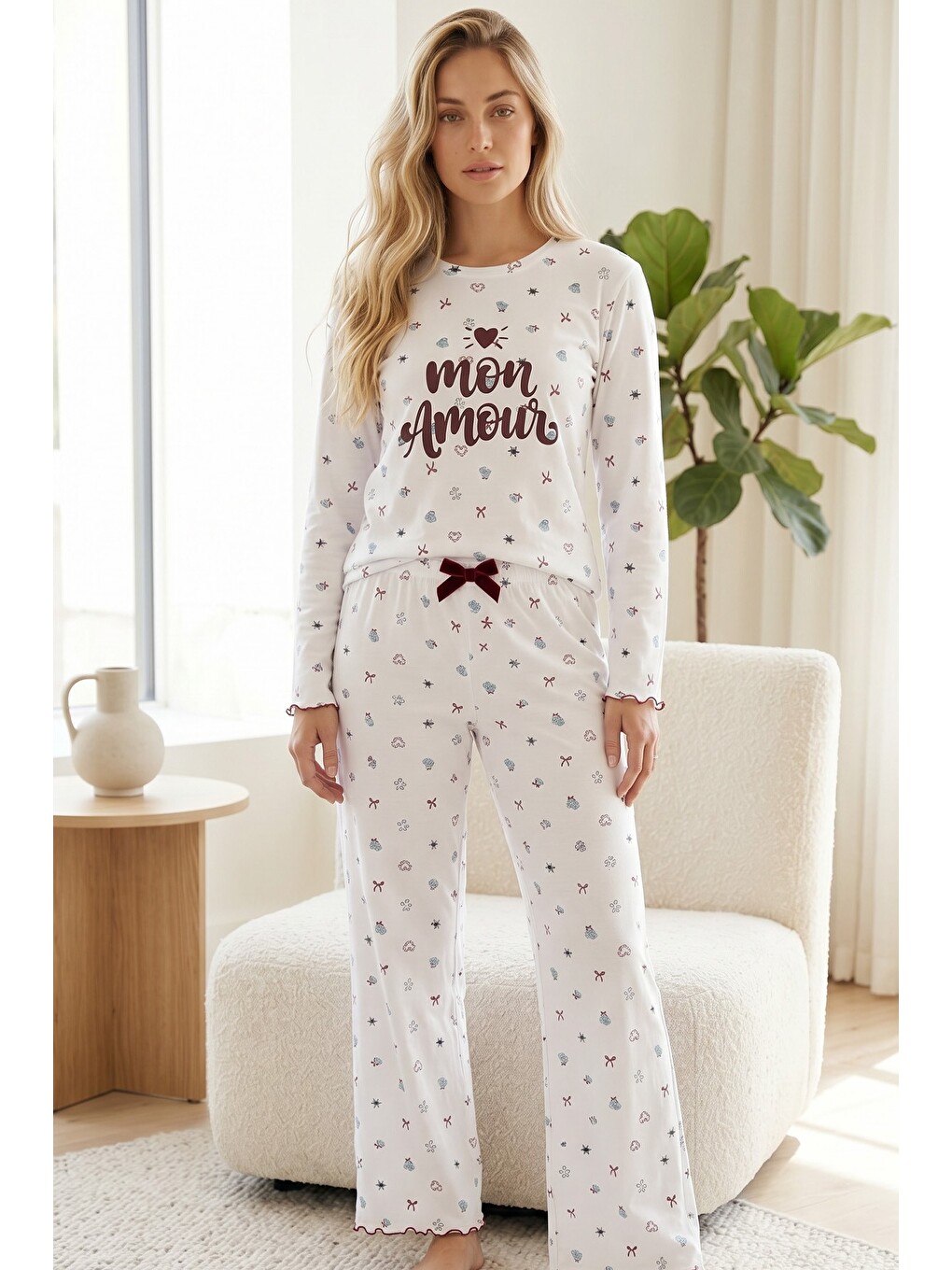 Beyaz Pamuklu Elastanlı Örme Pijama Takım26241165-1