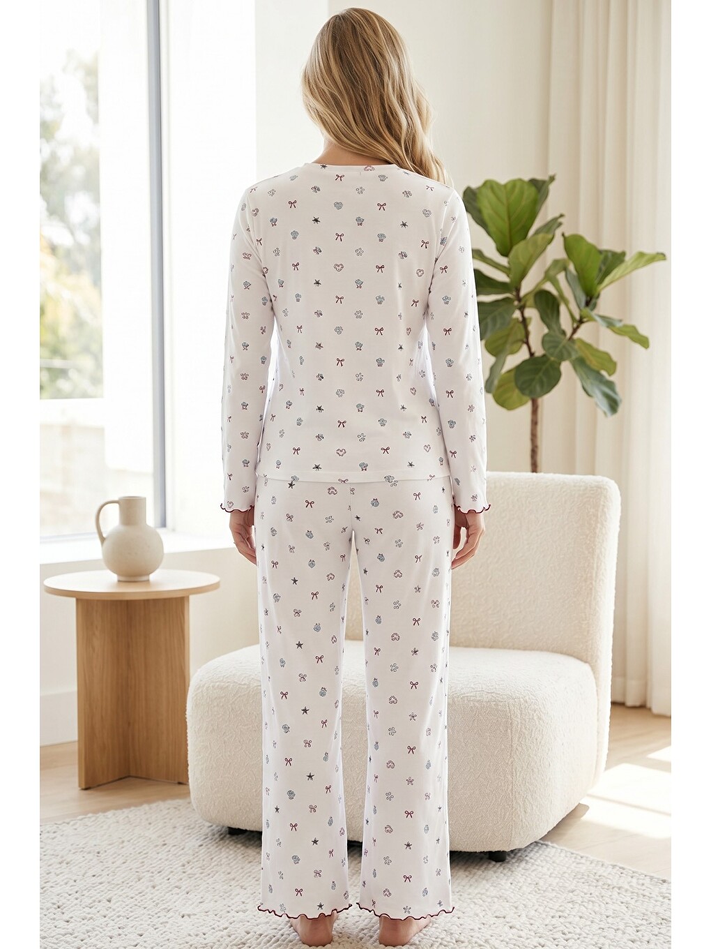 Beyaz Pamuklu Elastanlı Örme Pijama Takım26241165-2