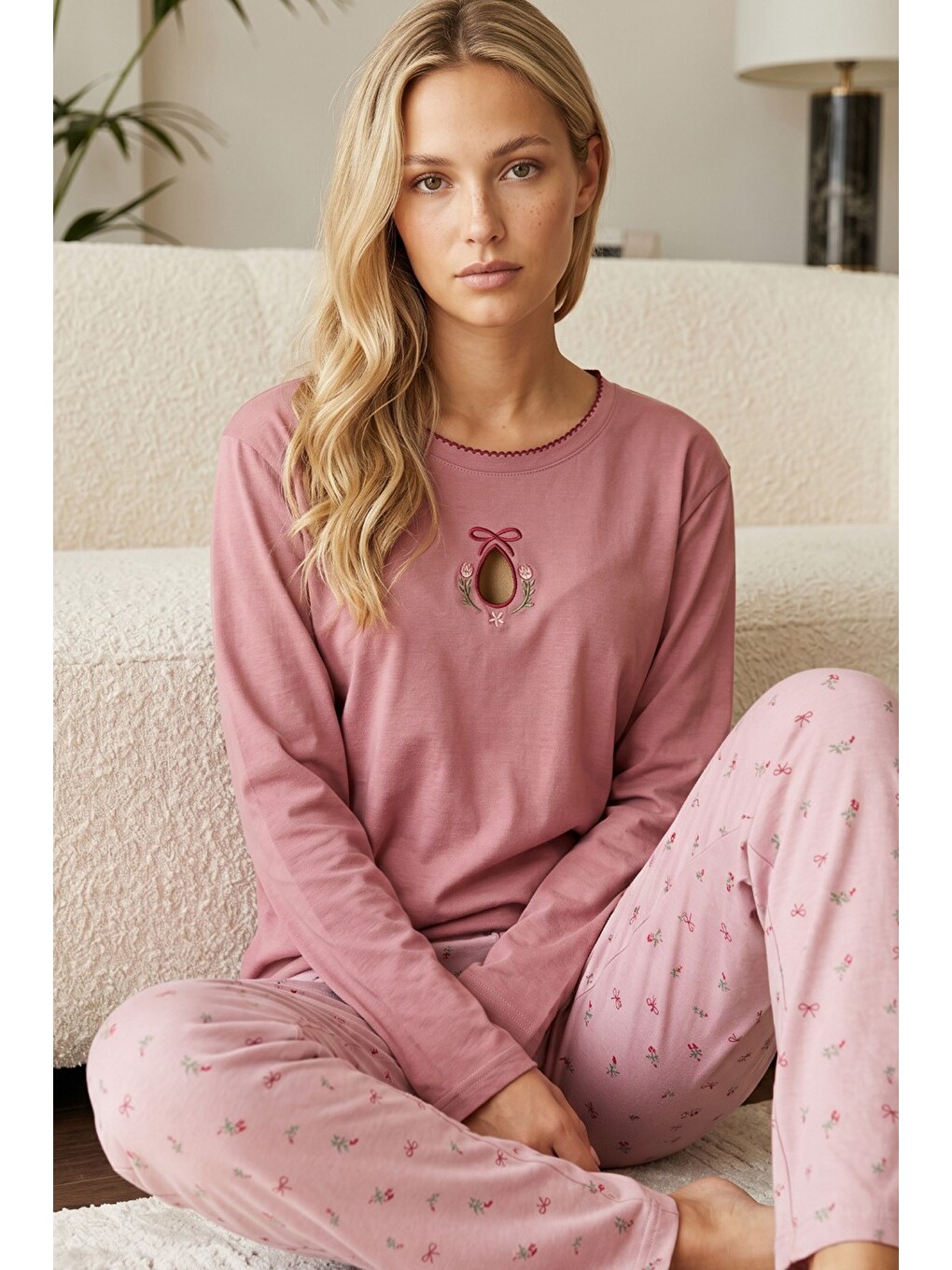 Pembe Nakışlı Pamuklu Elastanlı Örme Pijama Takım26240317