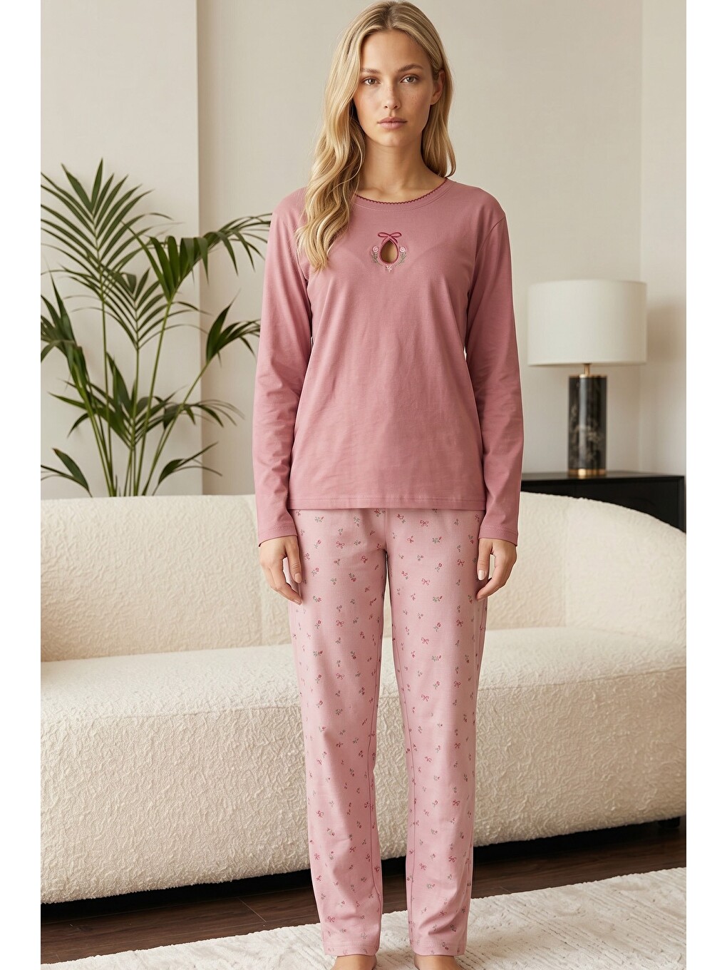Pembe Nakışlı Pamuklu Elastanlı Örme Pijama Takım26240317-1