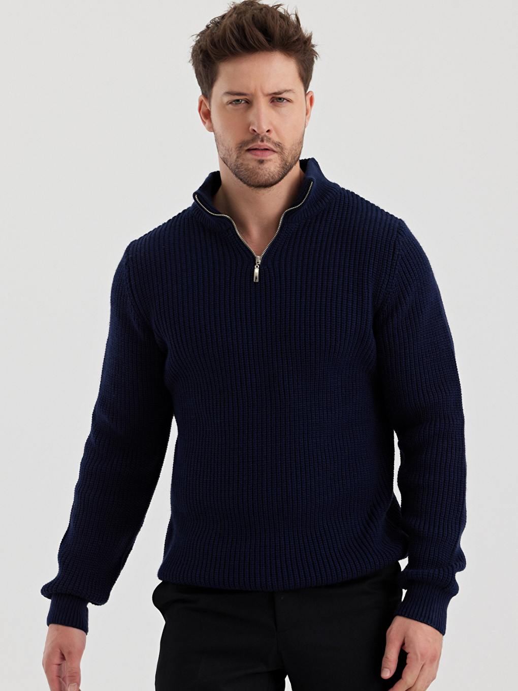 Lacivert Erkek Regular Balıkçı Yaka Fermuarlı Balıkçı Triko Kazak