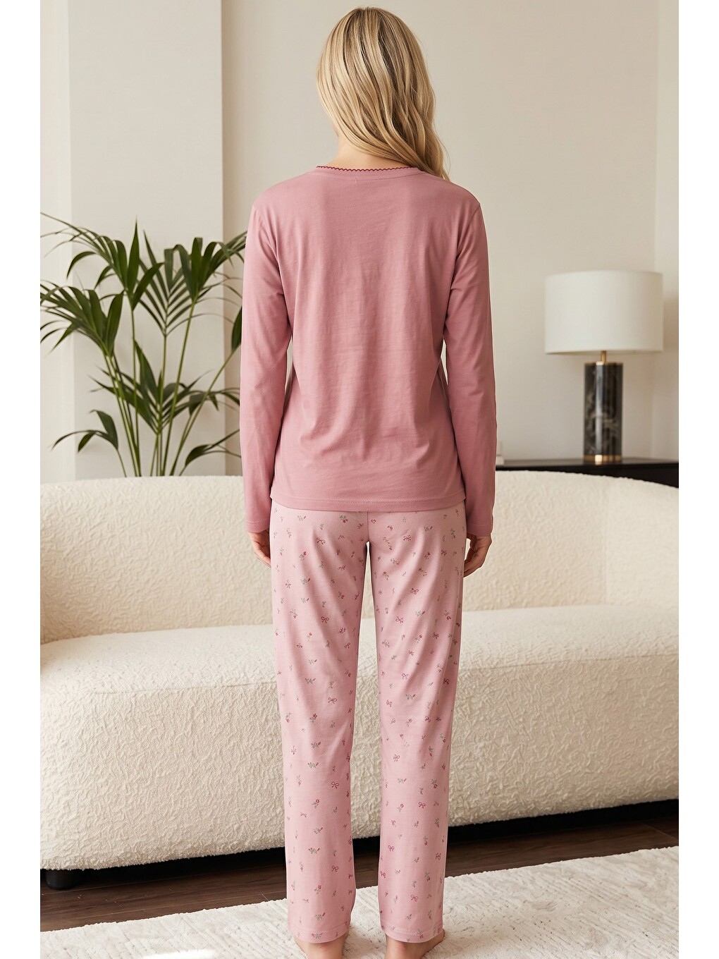 Pembe Nakışlı Pamuklu Elastanlı Örme Pijama Takım26240317-2