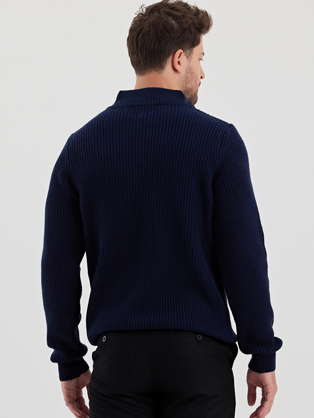 Lacivert Erkek Regular Balıkçı Yaka Fermuarlı Balıkçı Triko Kazak-1