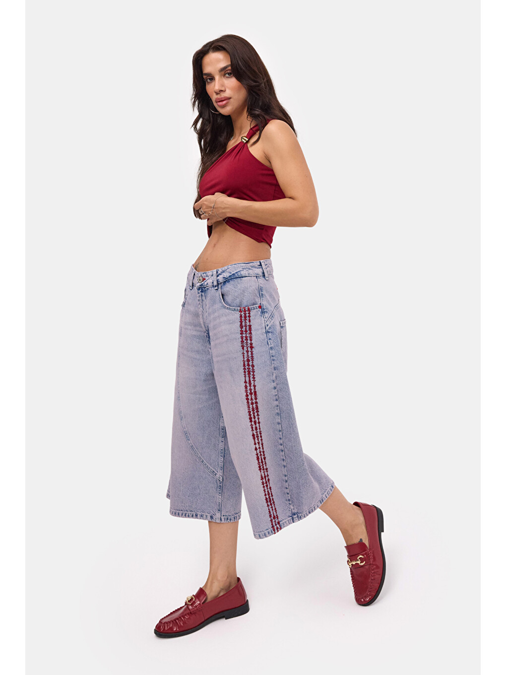 Mavi Kadın Jean Rengi 4s6-98 Süper Baggy Nakışlı Özel Tasarım Jort