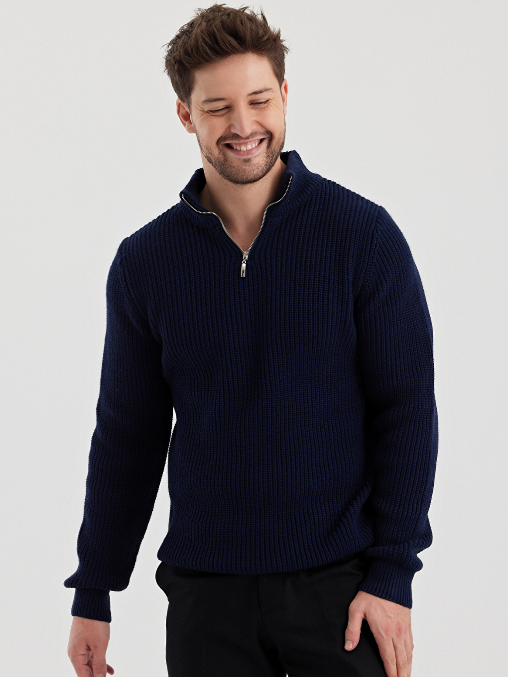 Lacivert Erkek Regular Balıkçı Yaka Fermuarlı Balıkçı Triko Kazak-3