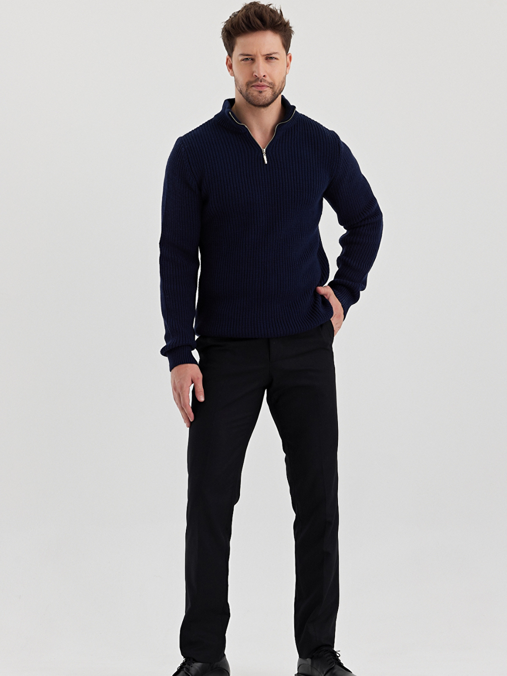 Lacivert Erkek Regular Balıkçı Yaka Fermuarlı Balıkçı Triko Kazak-4