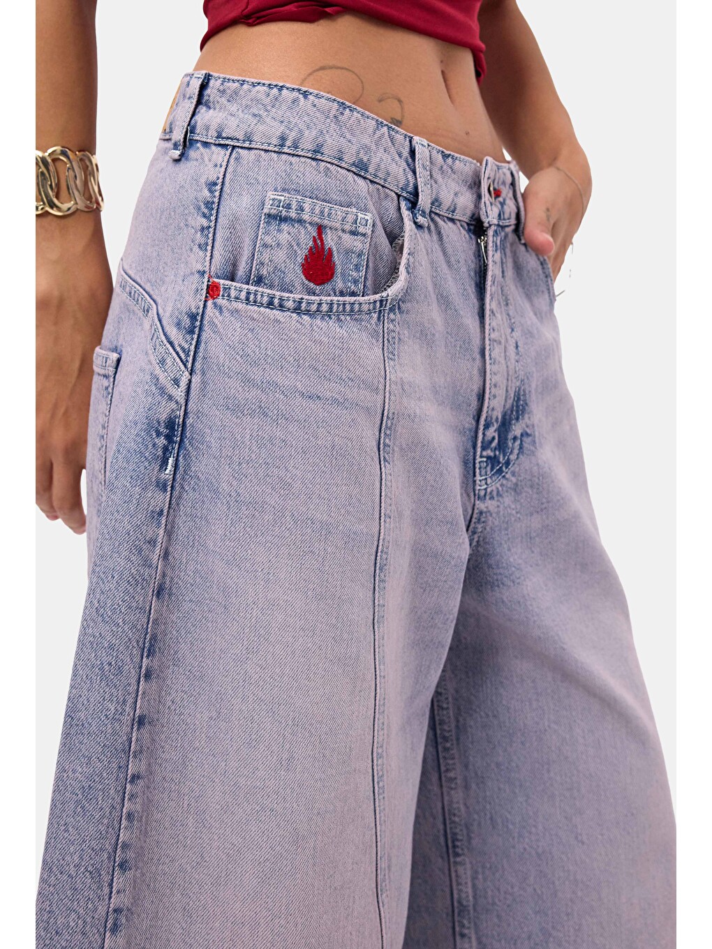 Mavi Kadın Jean Rengi 4s6-98 Süper Baggy Nakışlı Özel Tasarım Jort-3