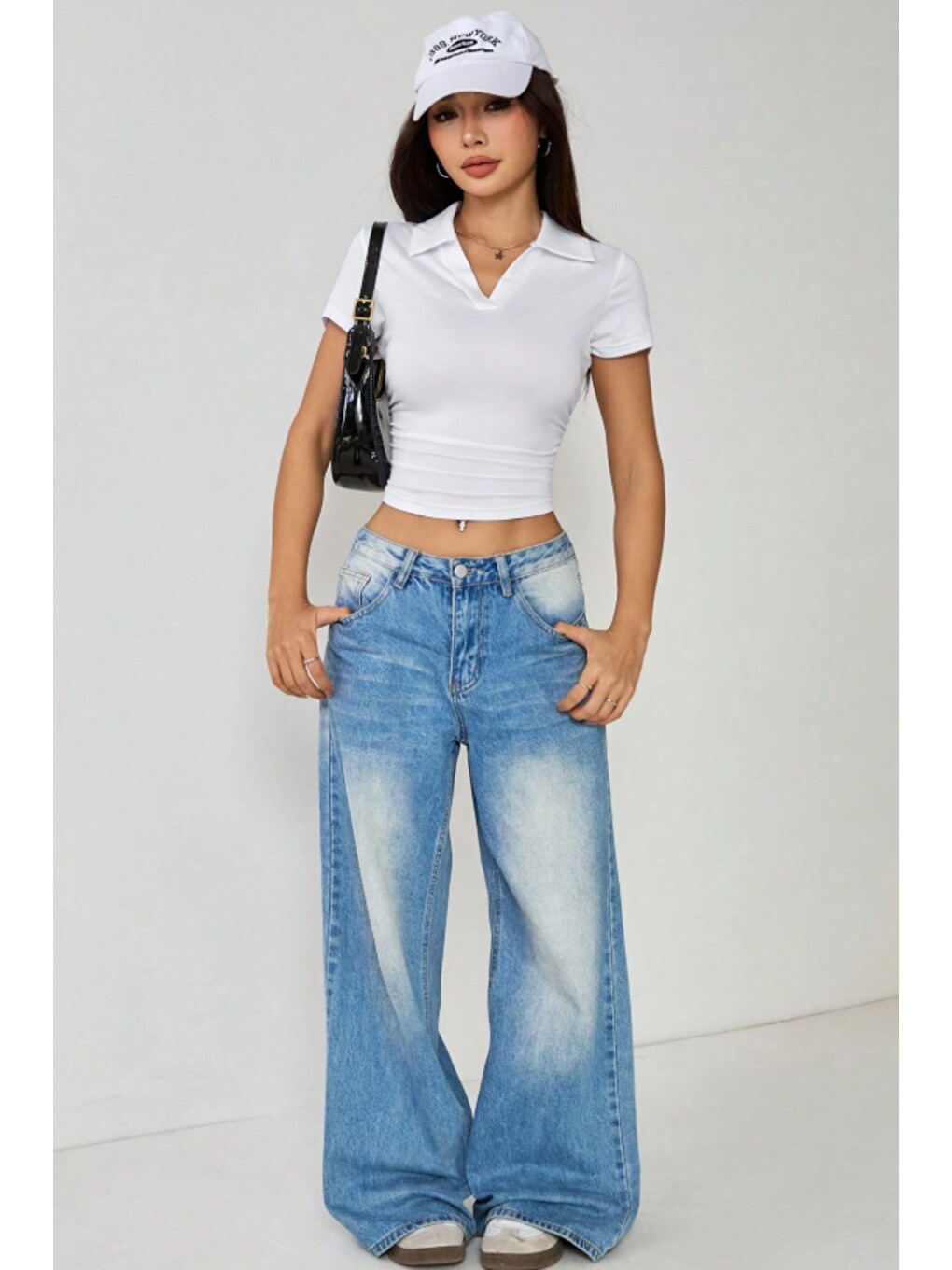 Beyaz Kadın Slim Polo Yaka Crop Esnek Kumaş Günlük Basic Tişört-2