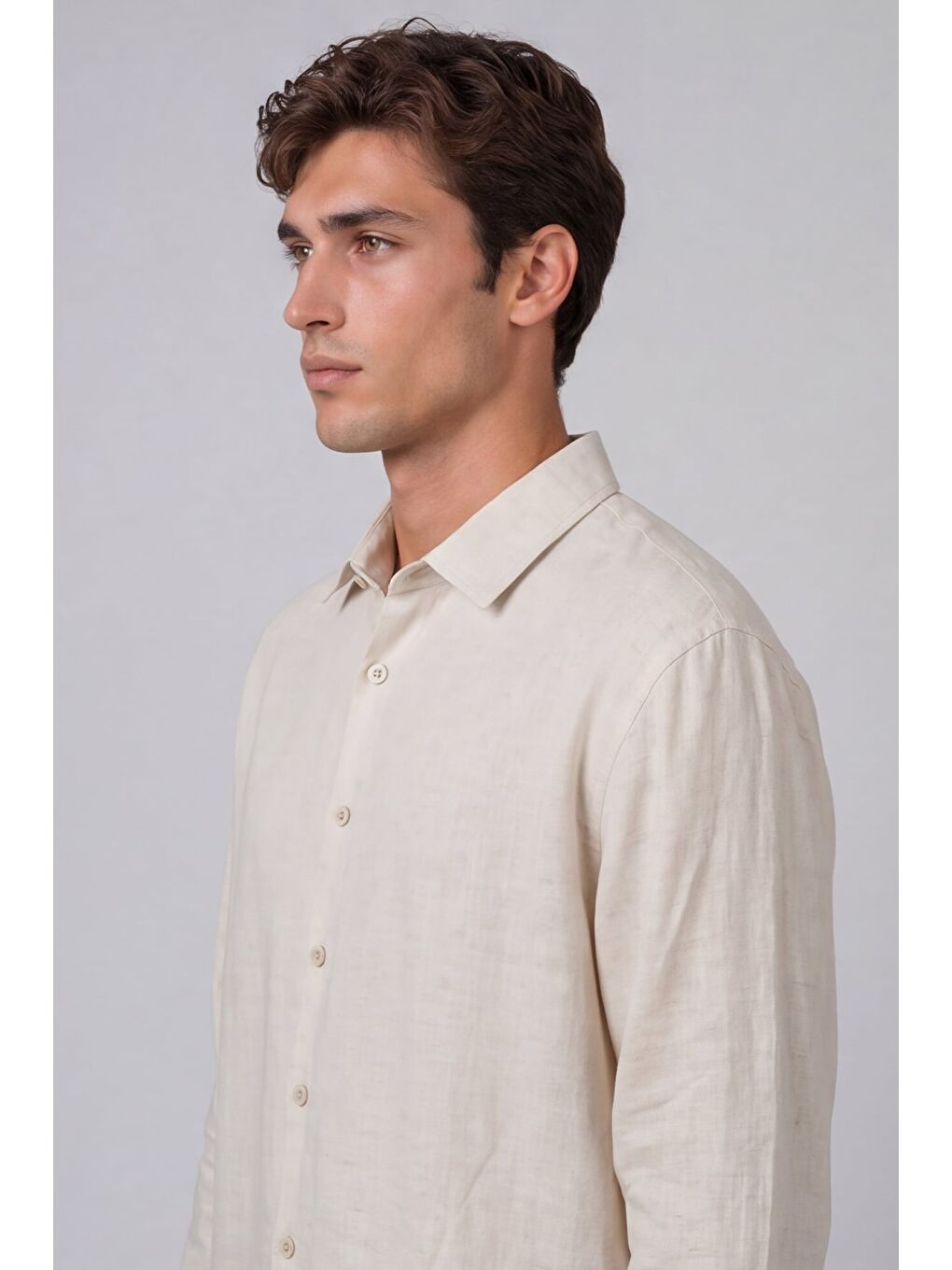 Erkek Ekru Normal Kesim Regular Fit %100 Pamuk Klasik Yaka Gömlek-4