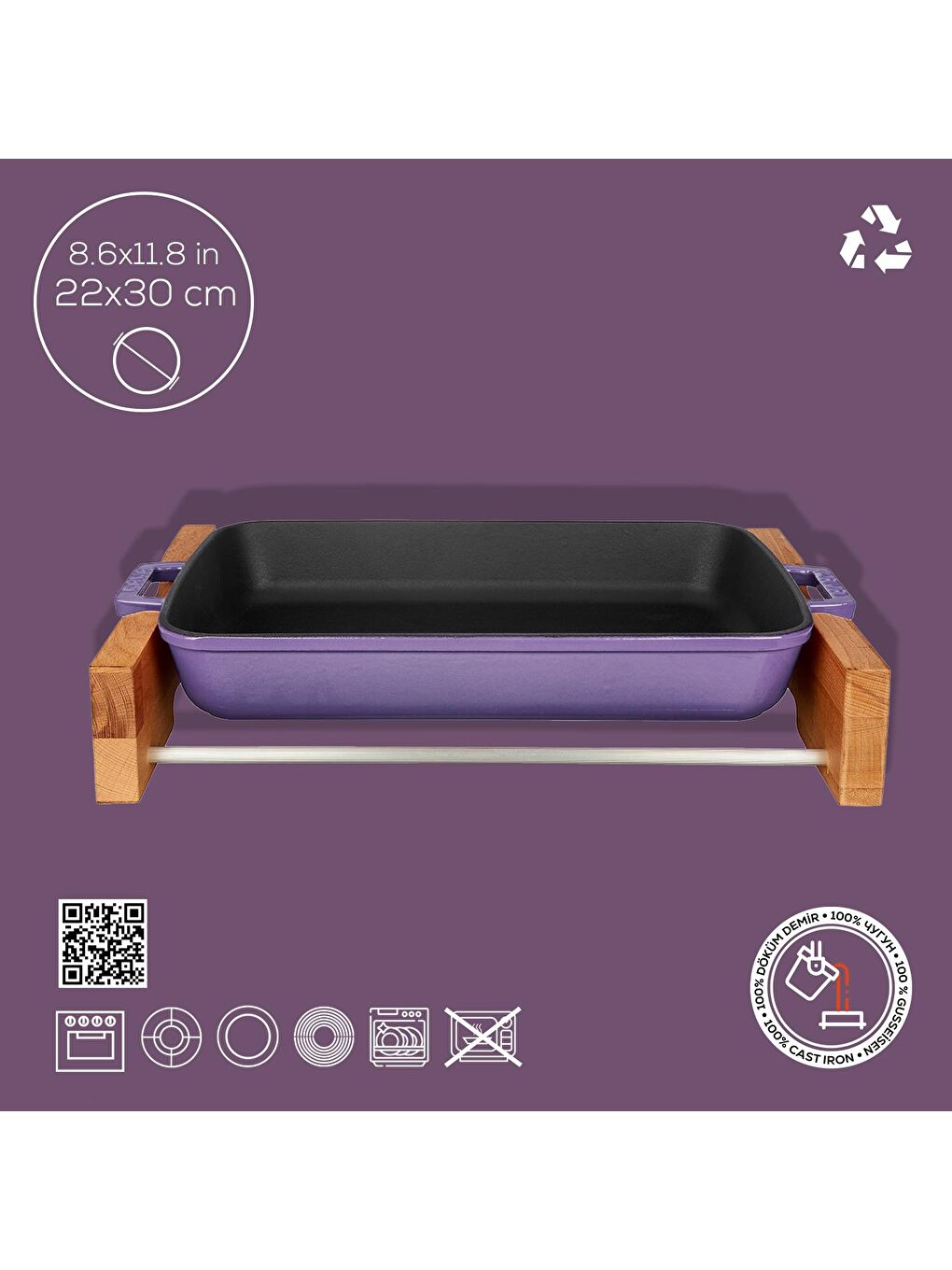 Mor Dikdörtgen Rosto ve Fırın Tepsisi Kayın Servis Ahşabı Döküm Demir Yekpare Çift Kulplu Ölçü 22x30cm.-3