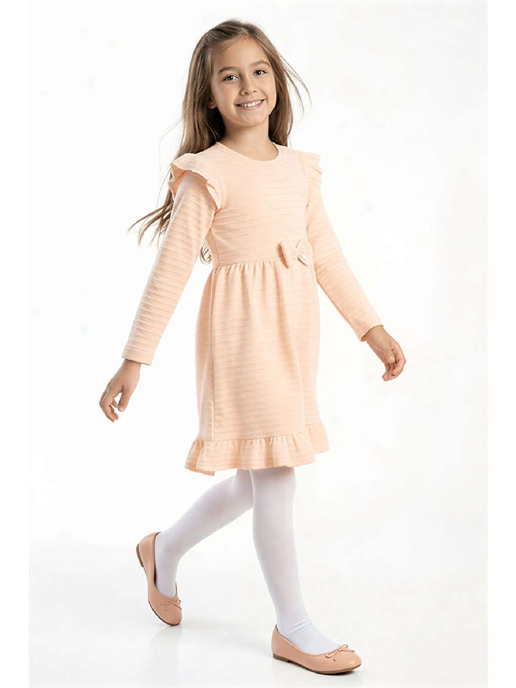 Pembe Kız Çocuk Elbise -Fırfır Omuzlu-Fiyonk Detaylı 2-10 Yaş 12531
