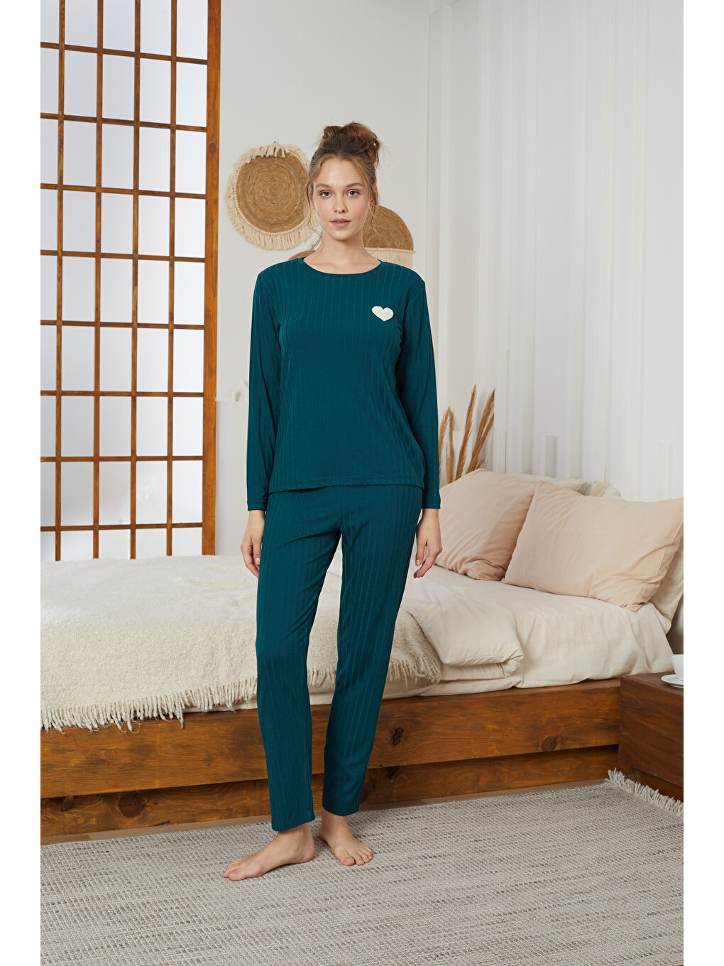 Yeşil Kalp Nakışlı Fitilli Örme Pijama Takım25226003-1