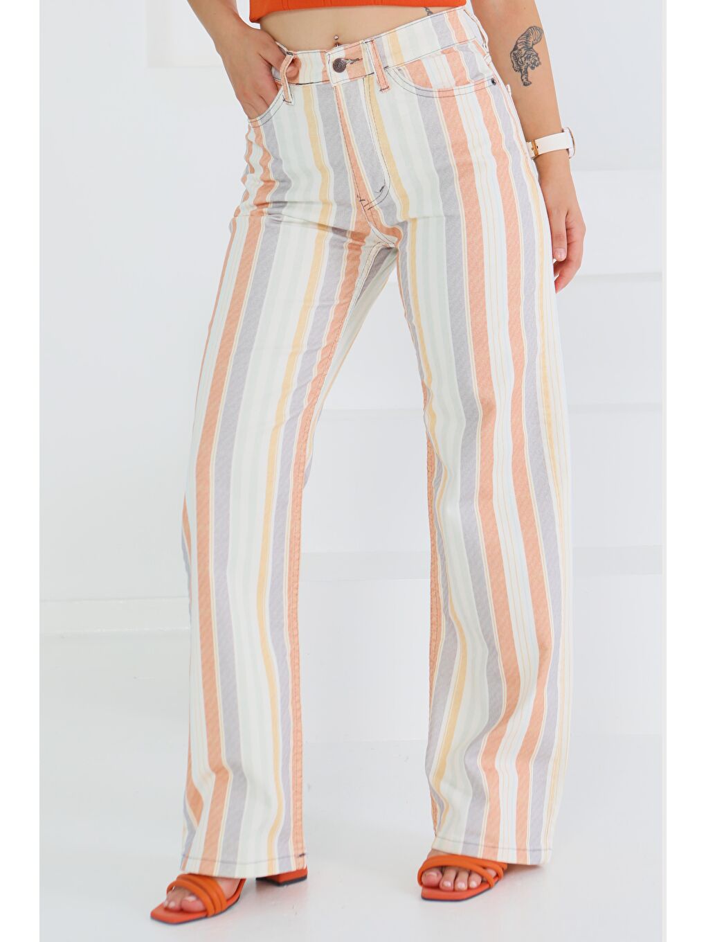 Karışık Çizgili Palazzo Pantolon Renkli - 27463-1