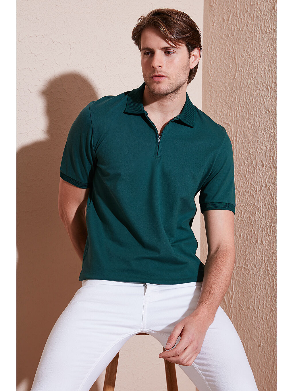 Yeşil Pamuklu Regular Fit Yarım Fermuarlı Erkek Polo Yaka Tişört 5901029