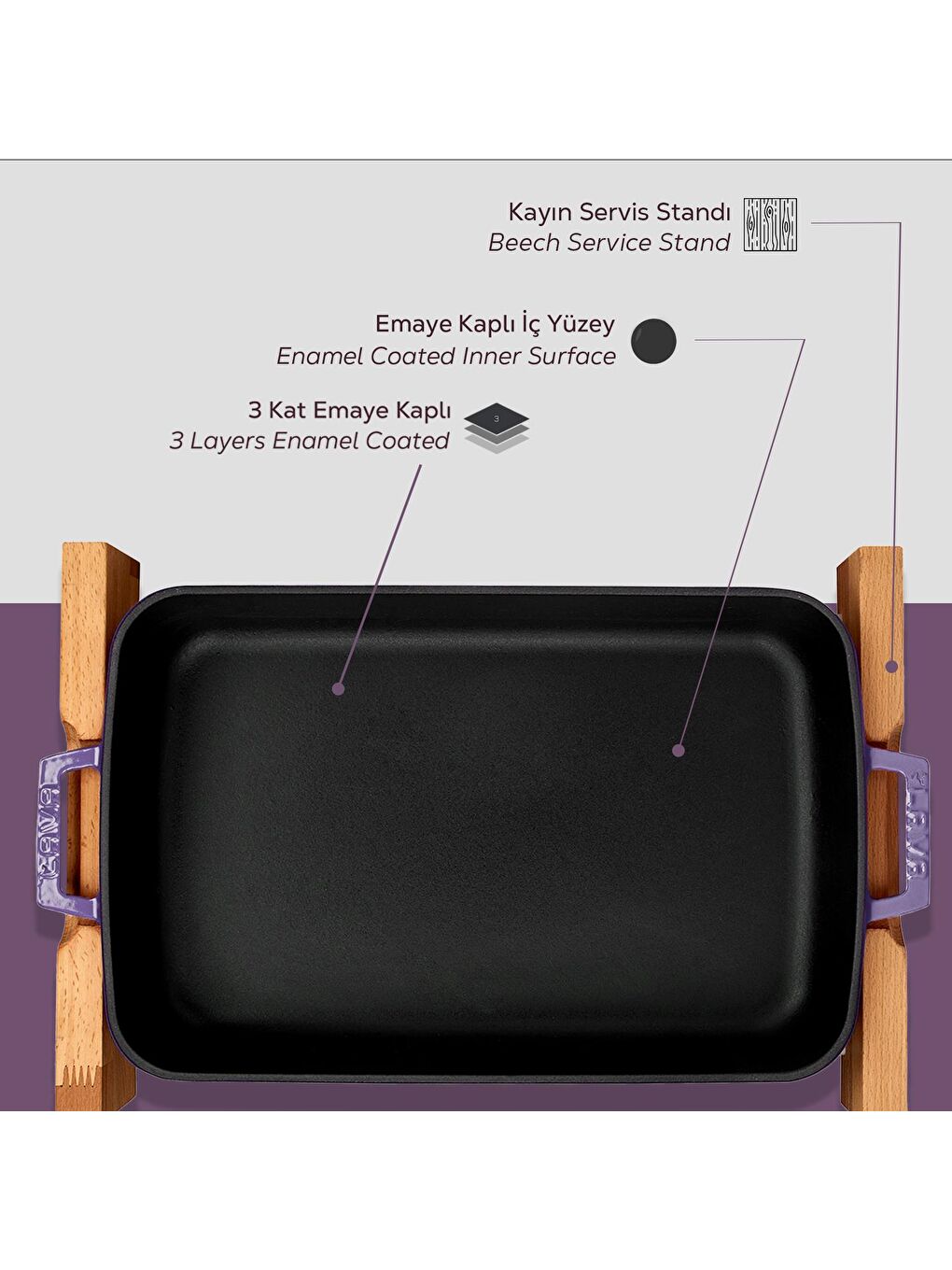 Mor Dikdörtgen Rosto ve Fırın Tepsisi Kayın Servis Ahşabı Döküm Demir Yekpare Çift Kulplu Ölçü 22x30cm.-5