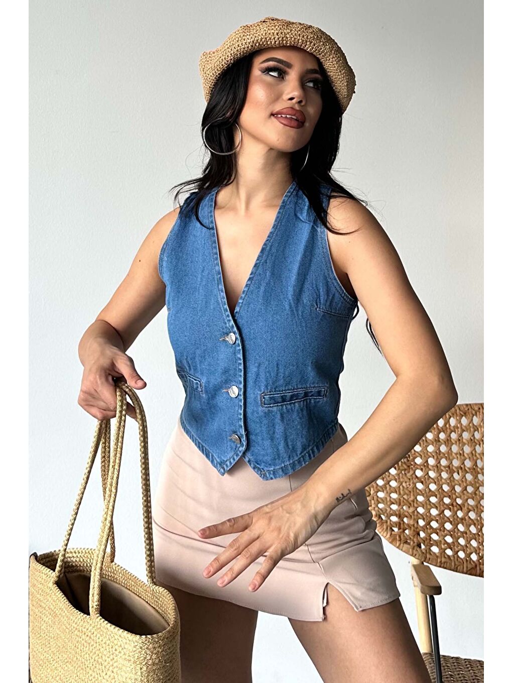 Flotalı Jean Yelek Mavi - 27300-6