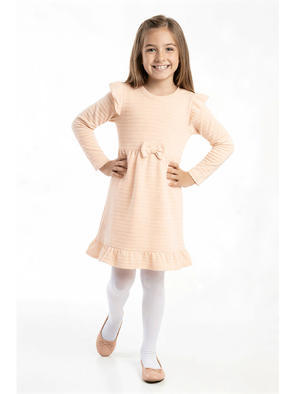Pembe Kız Çocuk Elbise -Fırfır Omuzlu-Fiyonk Detaylı 2-10 Yaş 12531-1