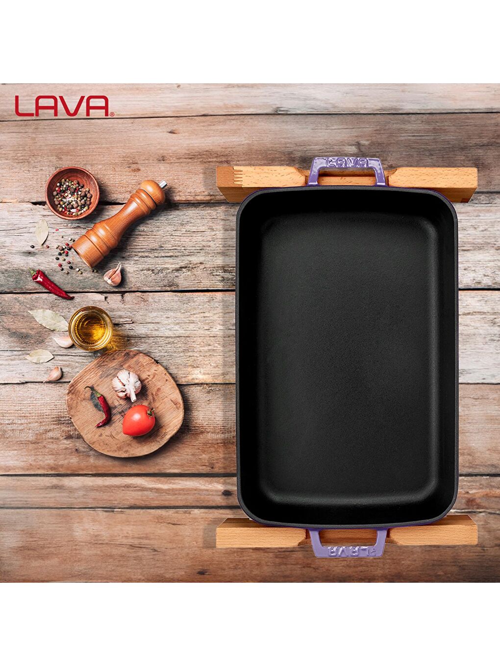 Mor Dikdörtgen Rosto ve Fırın Tepsisi Kayın Servis Ahşabı Döküm Demir Yekpare Çift Kulplu Ölçü 22x30cm.-6