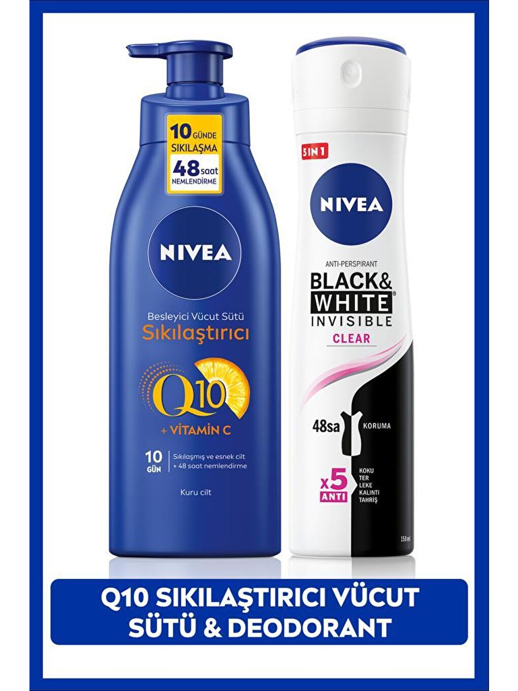 NIVEA Şeffaf Kadın Sprey Deodorant Black&White Clear 150ml, Q10 Sıkılaştırıcı ve Nemlendirici Vücut Sütü 400ml