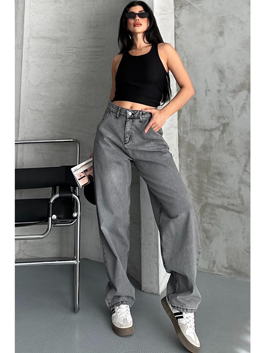 Gri Yan Cepli Baggy Pantolon Açik Füme - 27359