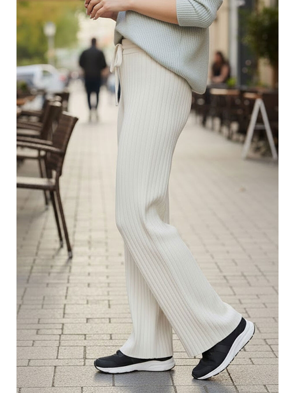 Ekru Fitilli Modal Bol Paça Yüksek Bel Yumuşak Dokulu Beli Lastikli Elastanlı Pantolon-1