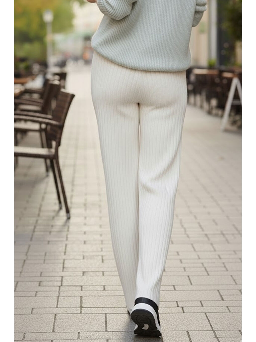 Ekru Fitilli Modal Bol Paça Yüksek Bel Yumuşak Dokulu Beli Lastikli Elastanlı Pantolon-2