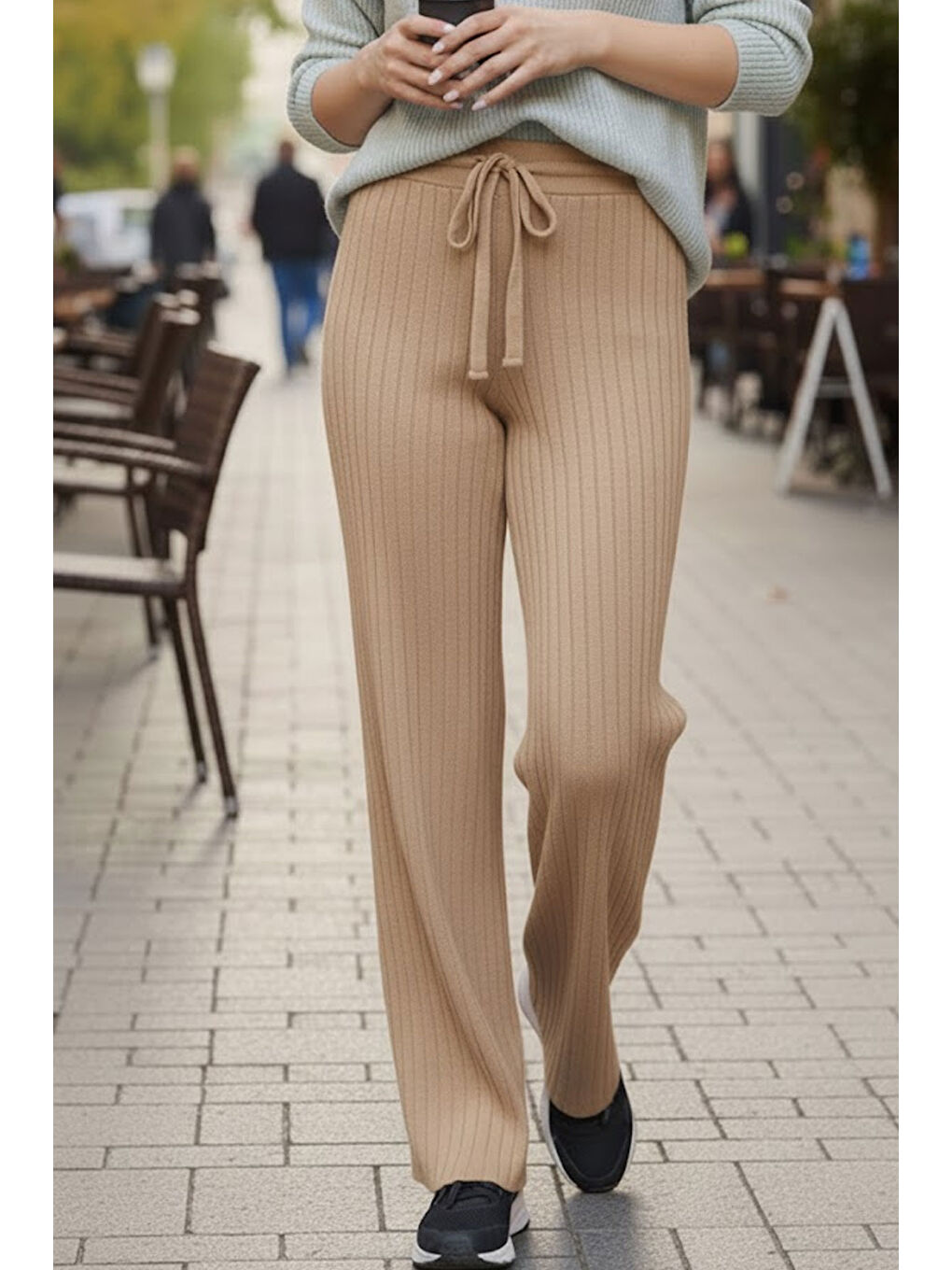 Bej Fitilli Modal Bol Paça Yüksek Bel Yumuşak Dokulu Beli Lastikli Elastanlı Pantolon