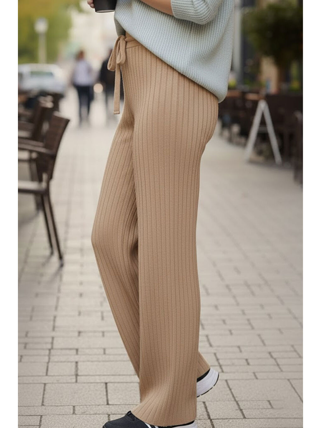 Bej Fitilli Modal Bol Paça Yüksek Bel Yumuşak Dokulu Beli Lastikli Elastanlı Pantolon-1