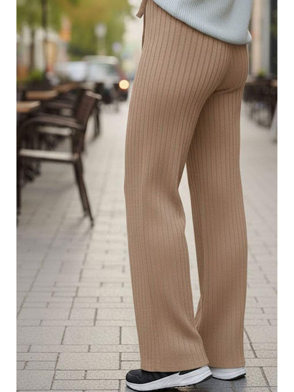 Bej Fitilli Modal Bol Paça Yüksek Bel Yumuşak Dokulu Beli Lastikli Elastanlı Pantolon-2