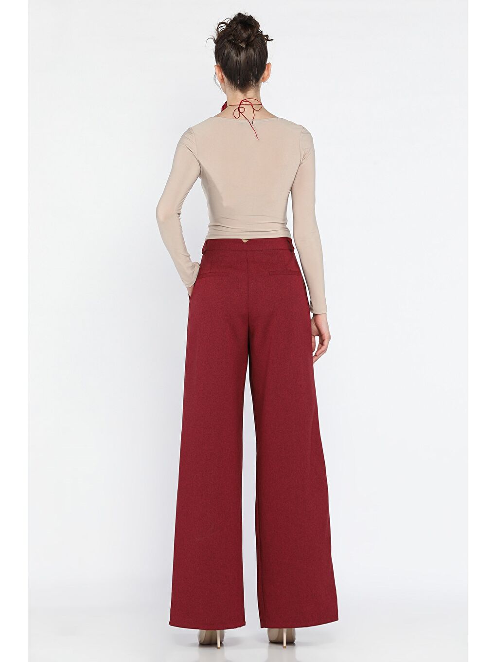 Bordo Kadın Yüksek Bel Pileli Kumaş Pantolon-2