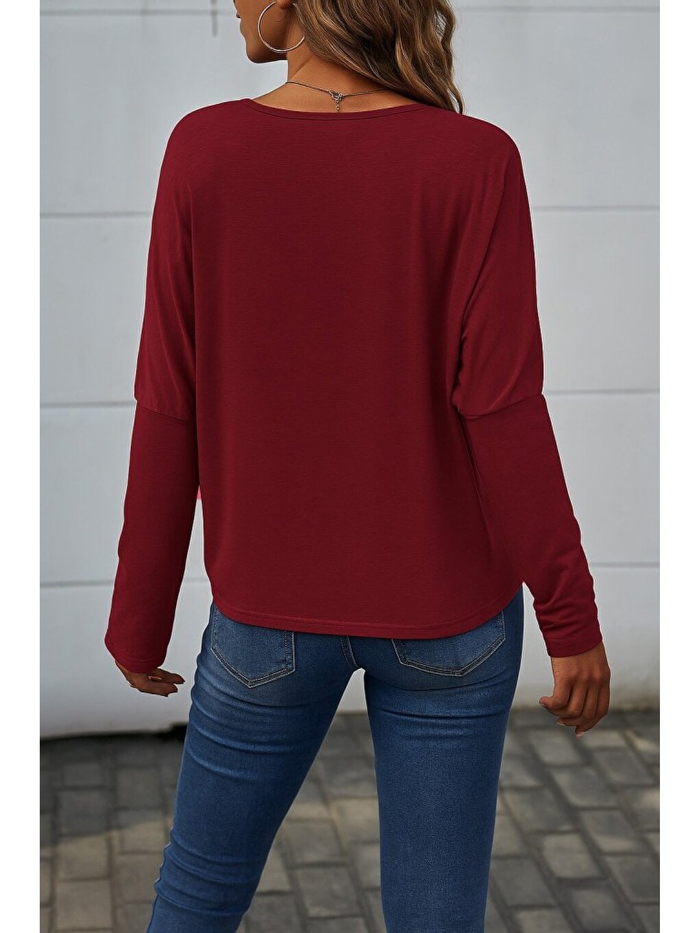 Bordo Kadın Uzun Kollu V Yakalı Yarasa Kollu Viskon Bluz-2