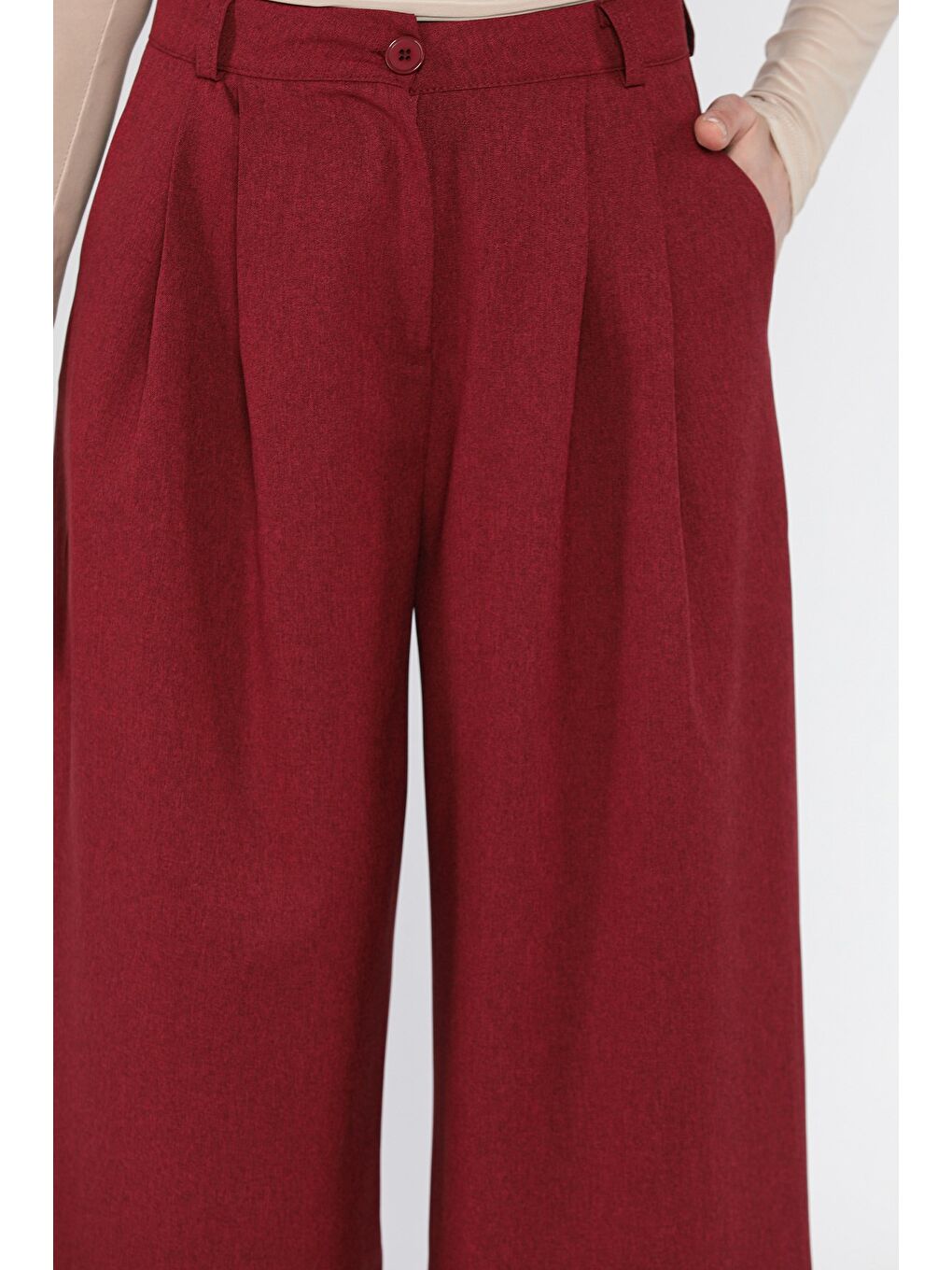 Bordo Kadın Yüksek Bel Pileli Kumaş Pantolon-3