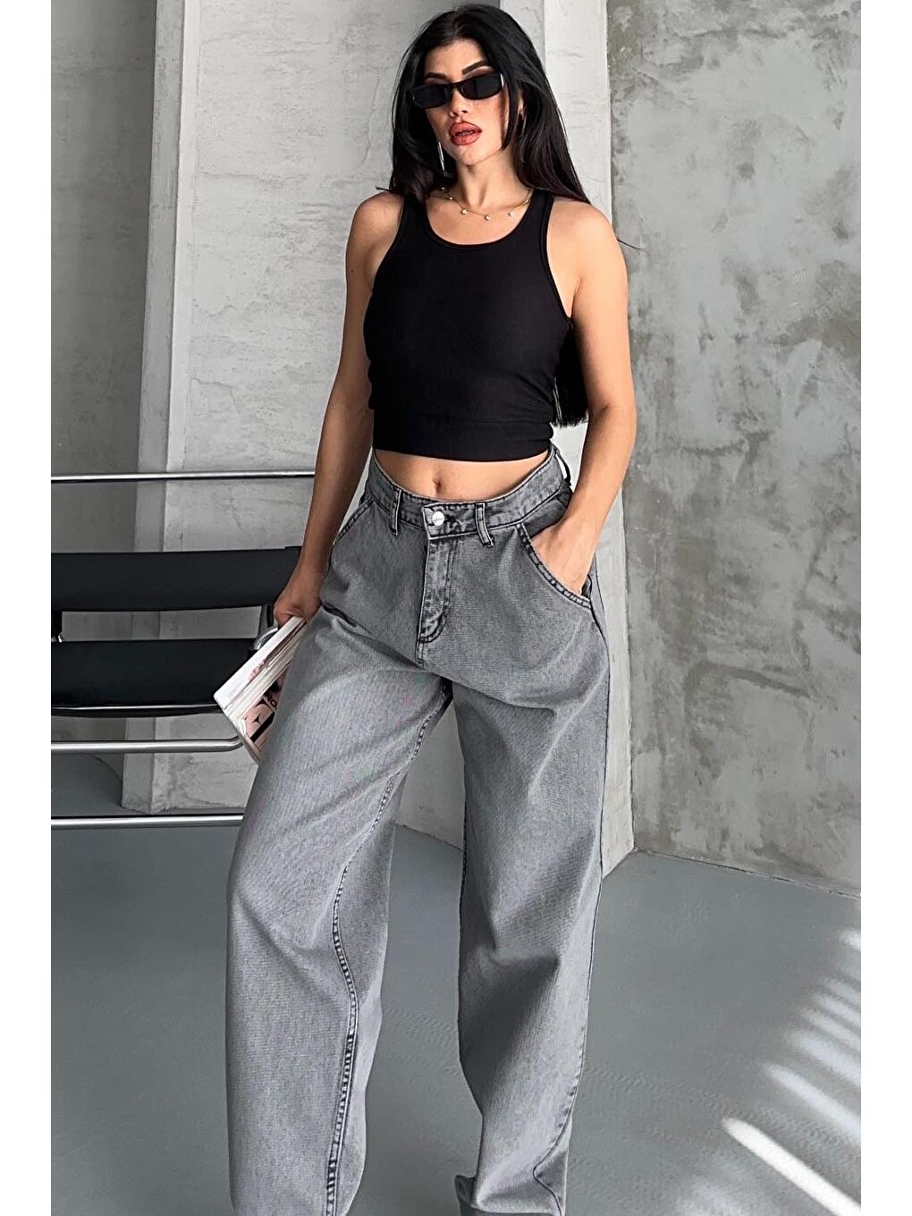 Gri Yan Cepli Baggy Pantolon Açik Füme - 27359-2