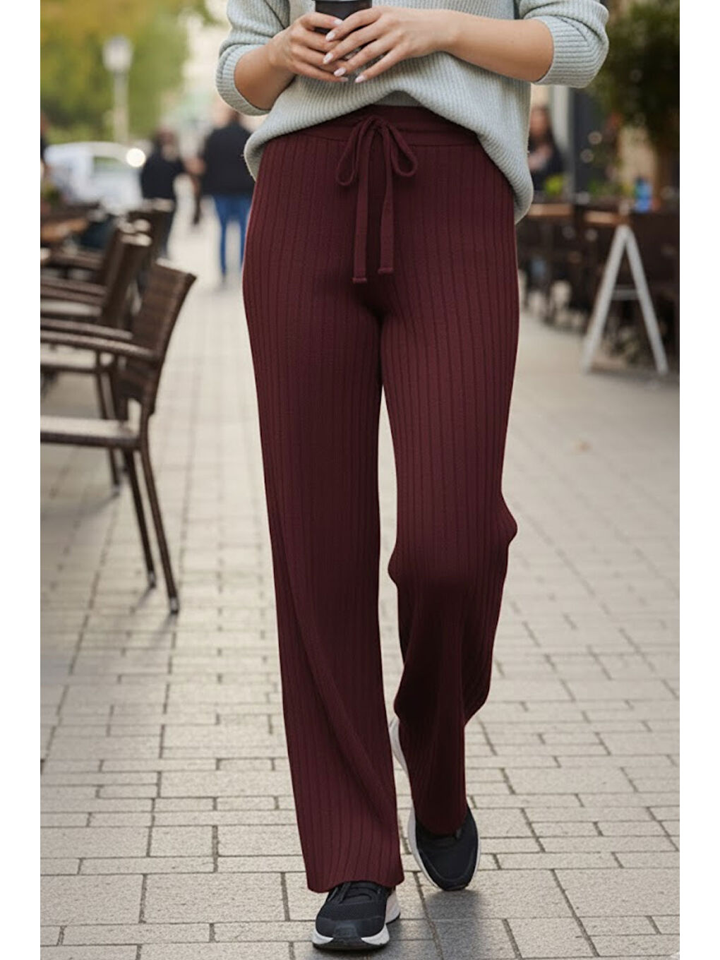 Bordo Fitilli Modal Bol Paça Yüksek Bel Yumuşak Dokulu Beli Lastikli Elastanlı Pantolon