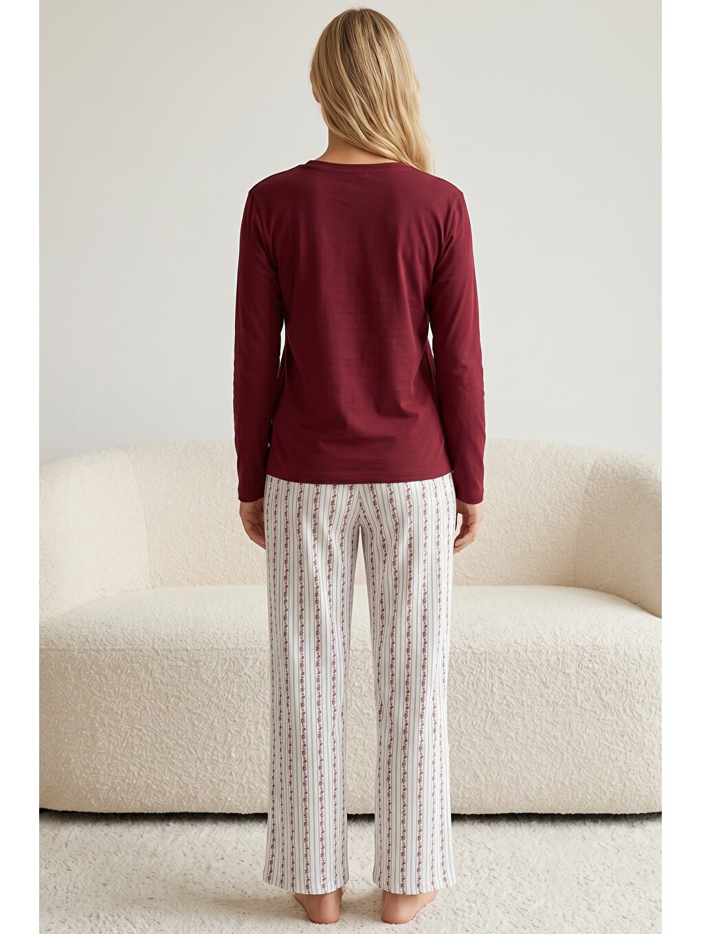 Bordo Nakışlı Pamuklu Elastanlı Örme Pijama Takım26240345-2