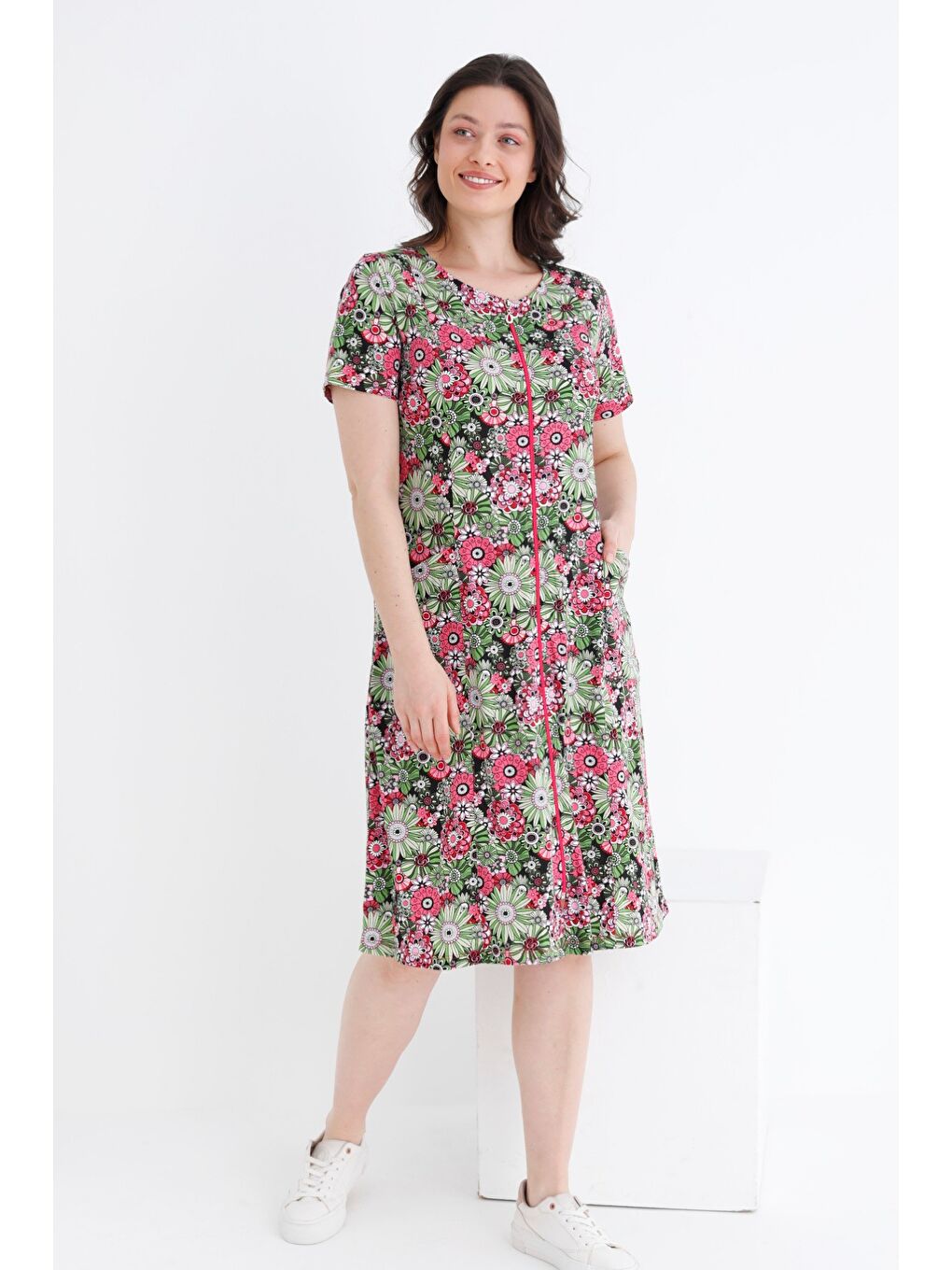 Karışık Rahat Kalıp Çiçek Desenli Pamuklu Boydan Fermuarlı Cepli Kadın Bisiklet Yaka Elbise-1