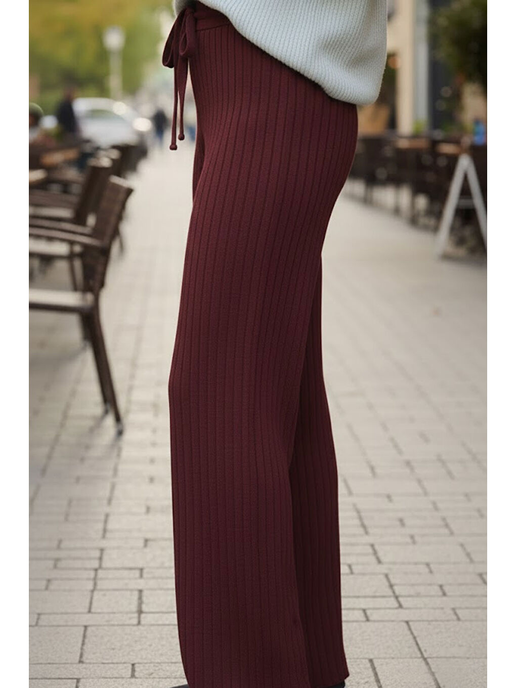 Bordo Fitilli Modal Bol Paça Yüksek Bel Yumuşak Dokulu Beli Lastikli Elastanlı Pantolon-1