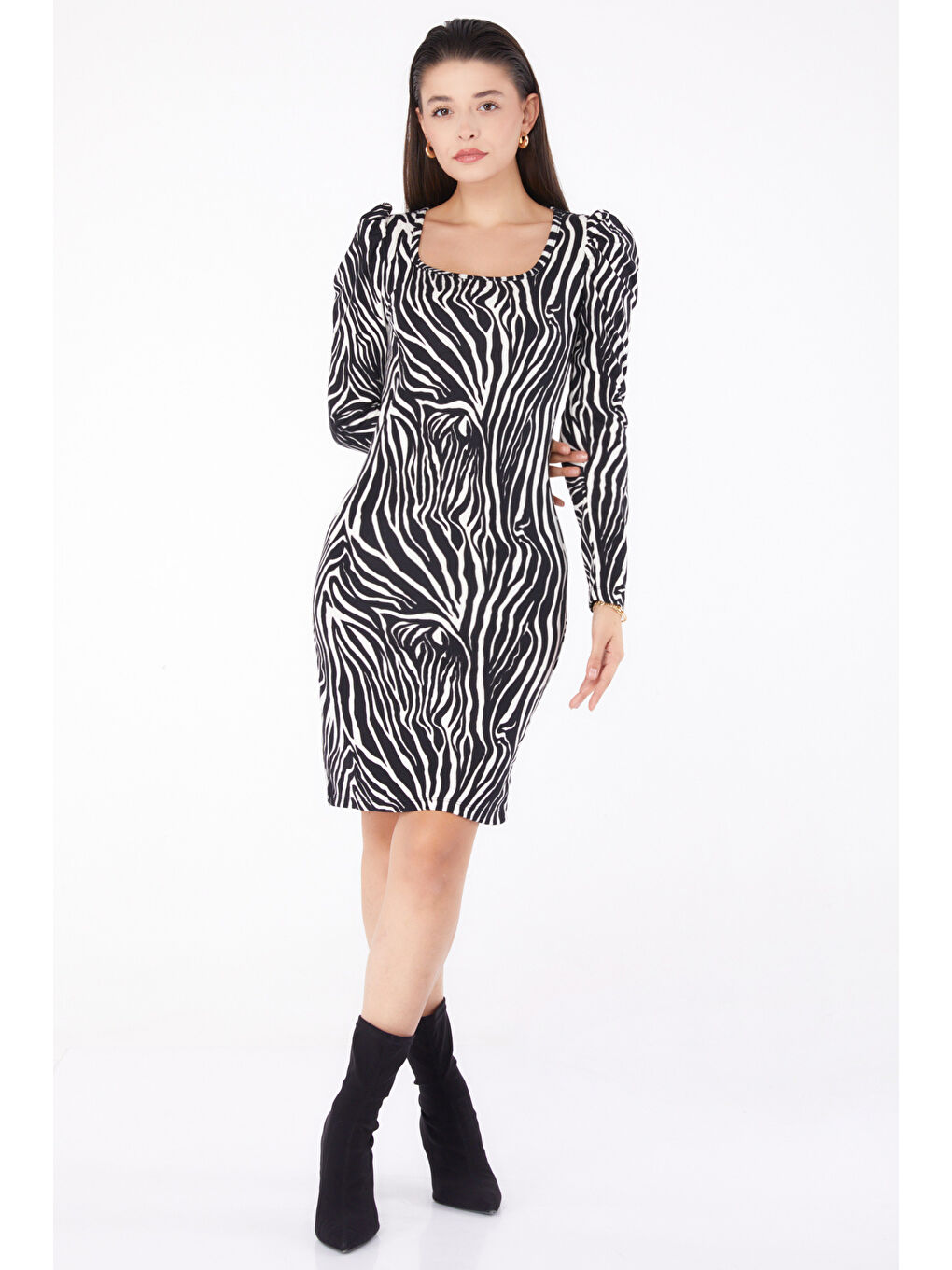 Prenses Kol Desenli Elbise Siyah - 26374-1