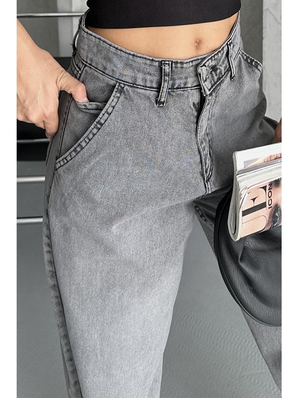 Gri Yan Cepli Baggy Pantolon Açik Füme - 27359-3