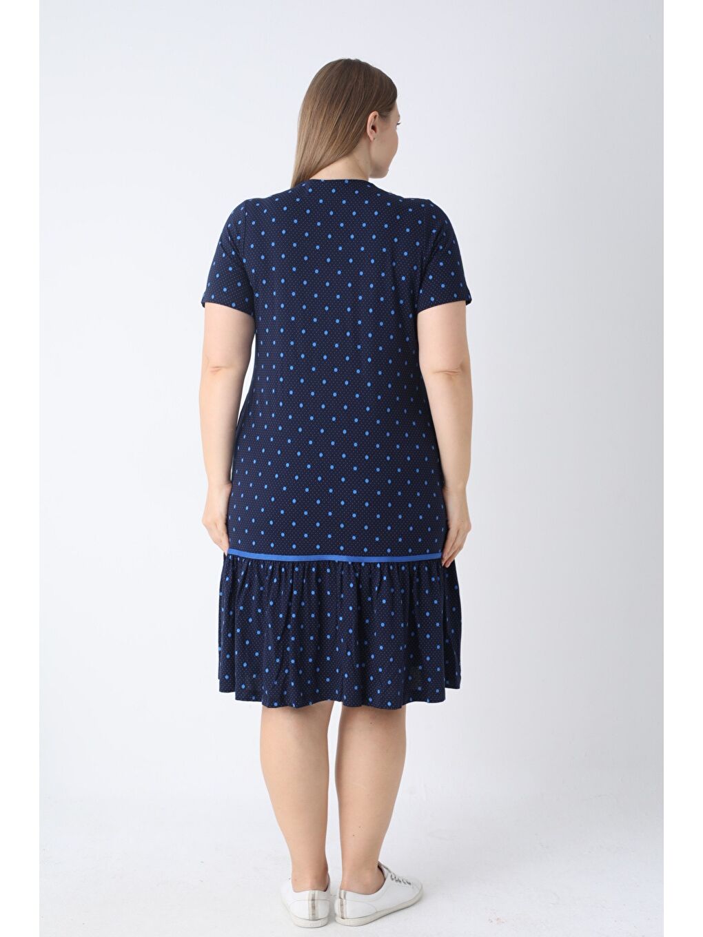 Lacivert Puantiyeli Pamuklu Düğmeli Cepli Biyeli Büyük Beden Elbise-4