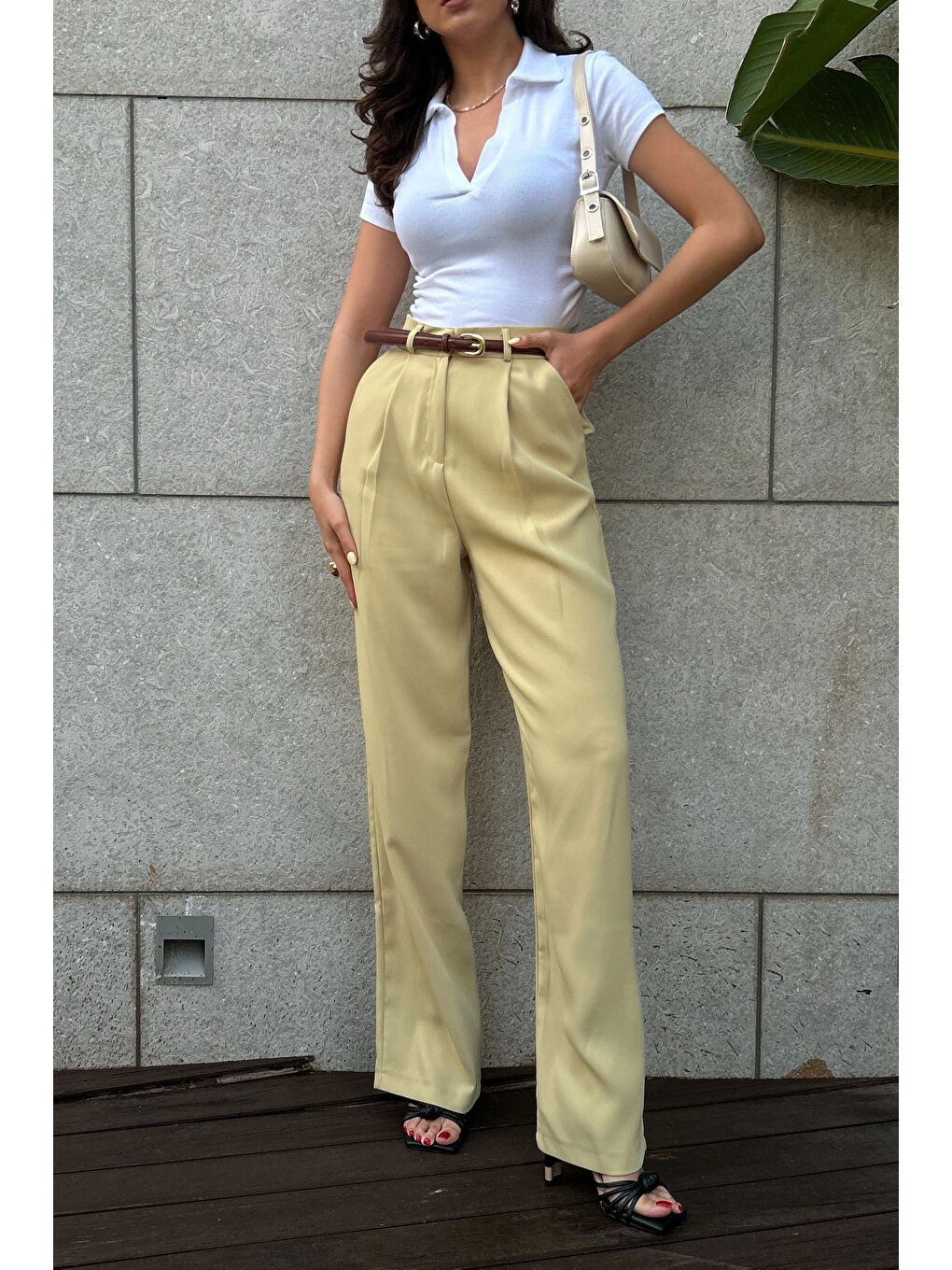 Kadın Sarı Yüksek Bel Pantolon 1017-1515