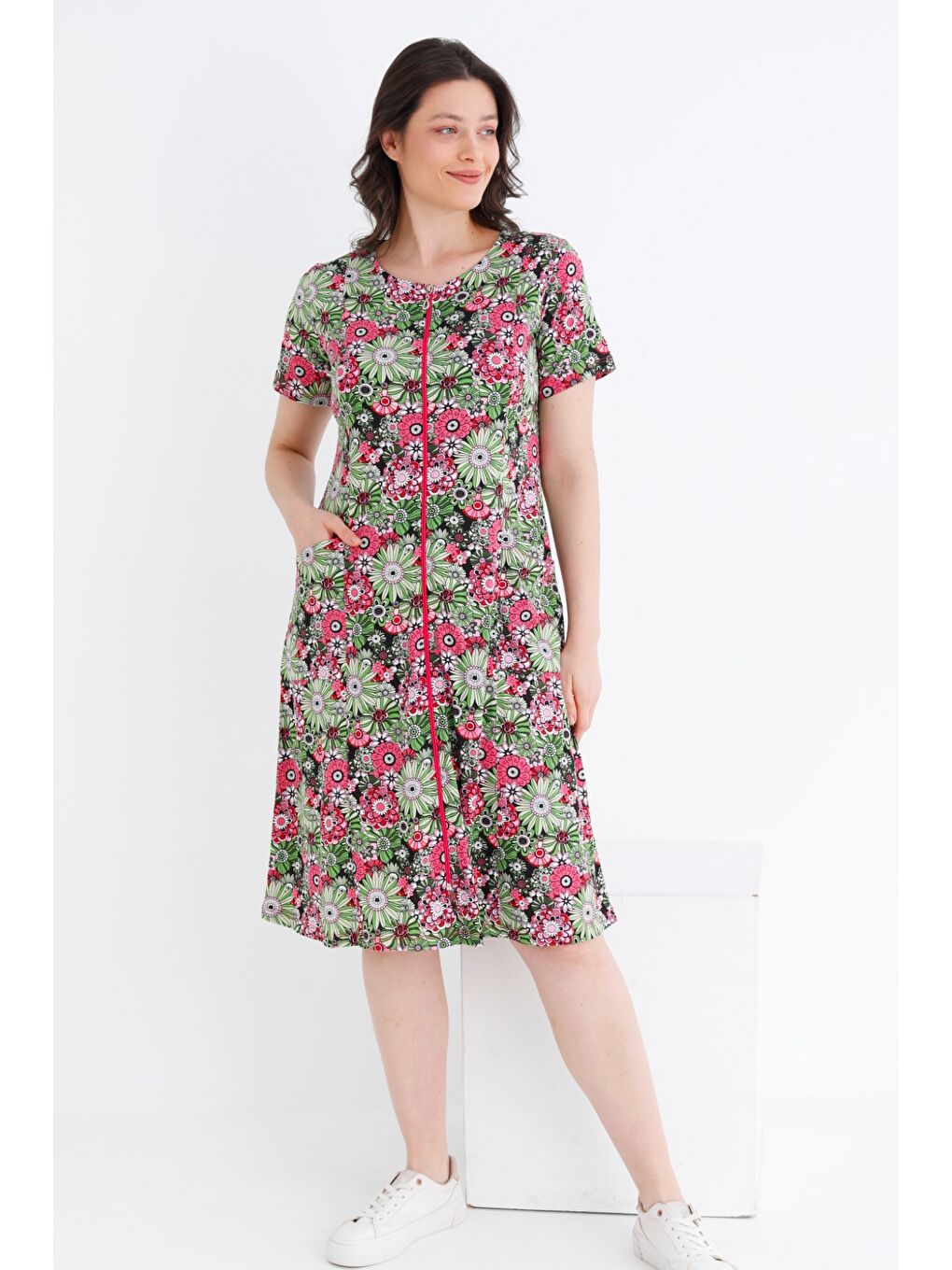 Karışık Rahat Kalıp Çiçek Desenli Pamuklu Boydan Fermuarlı Cepli Kadın Bisiklet Yaka Elbise-2