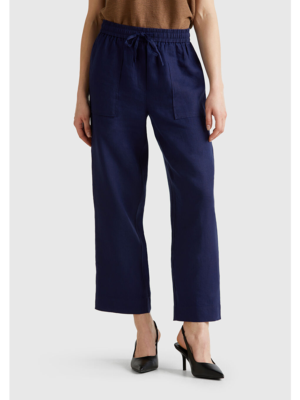 Kadın Lacivert %100 Keten Büzgü İpli Cepli Sigaret Pantolon