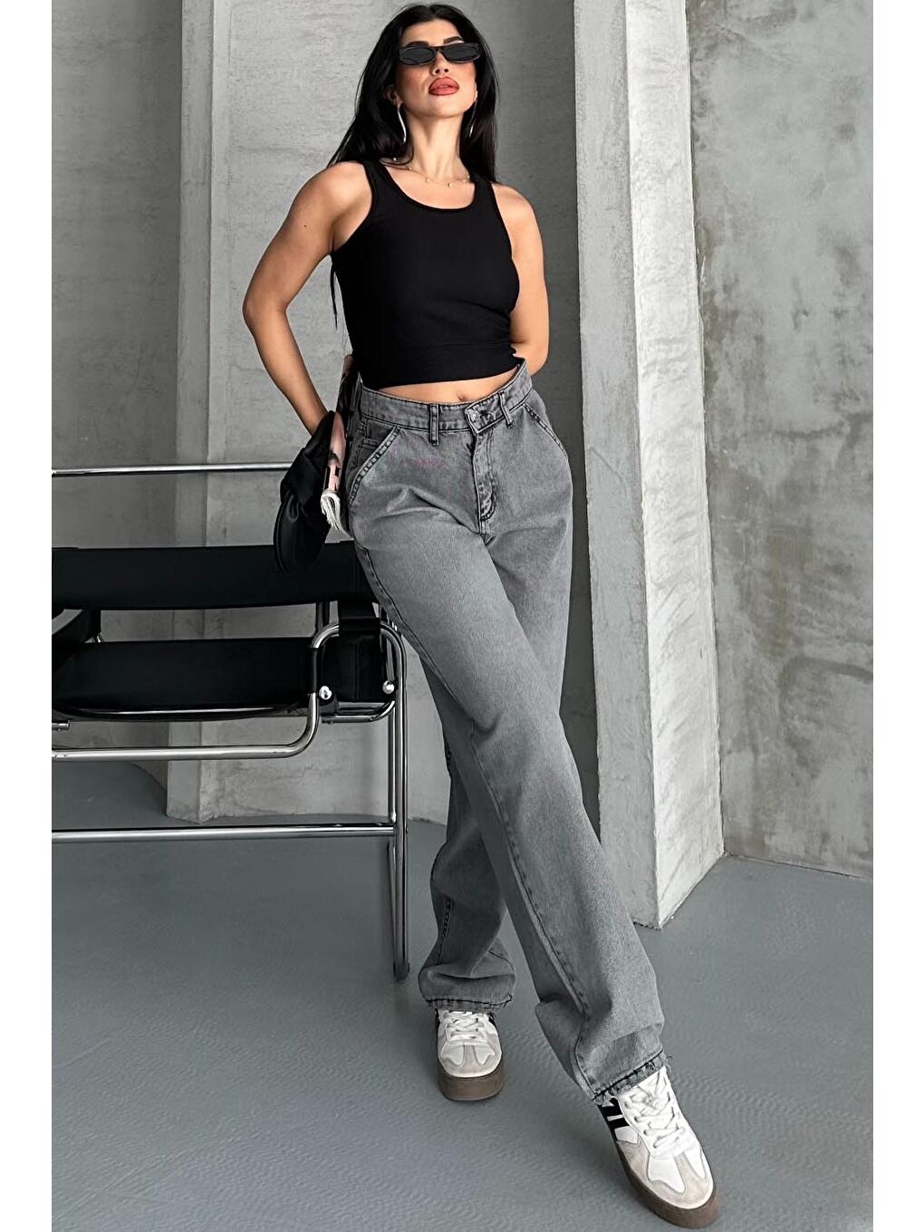 Gri Yan Cepli Baggy Pantolon Açik Füme - 27359-4