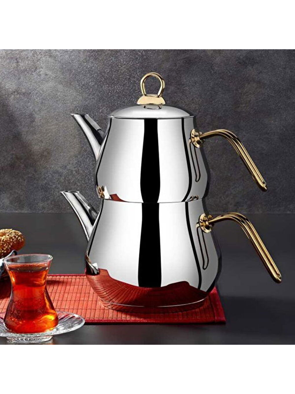 Çayeli Mini Çelik Çaydanlık Takımı - Gri / Gold - 1,2 lt + 800 ml
