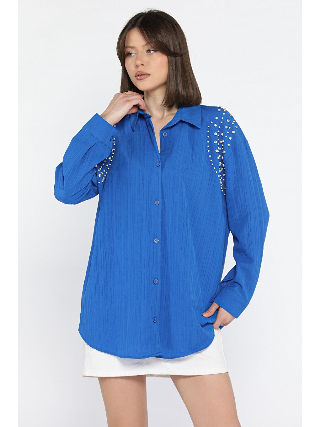 Mavi Omuz İncili Kadın Gömlek-1