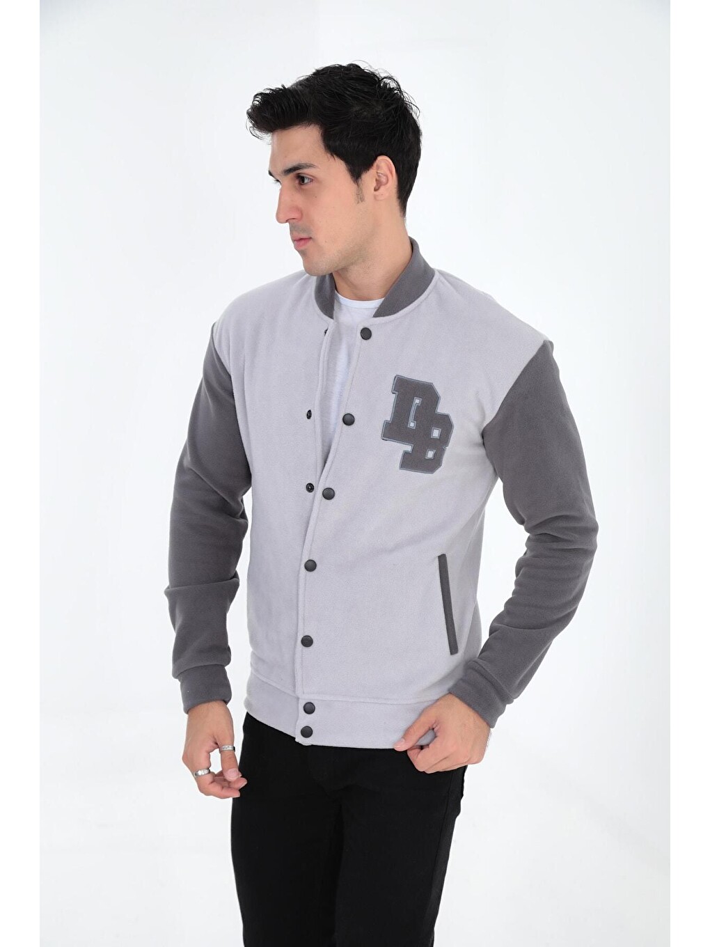 Gri Bomber Yaka Fit Polar Kolej Ceket-3