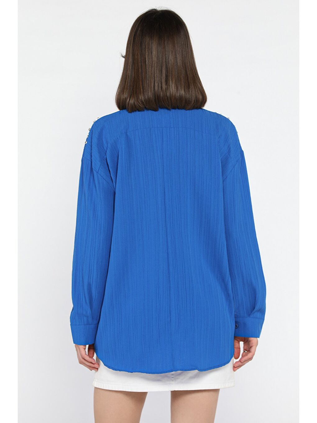Mavi Omuz İncili Kadın Gömlek-2