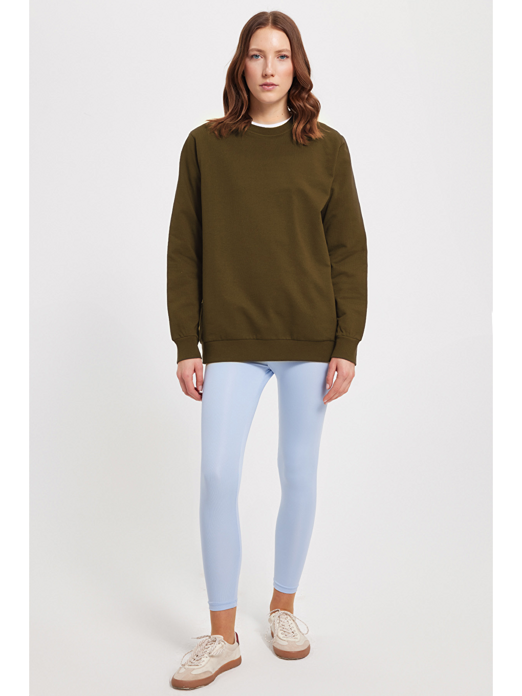 Kadın Oversize Geniş Kesim %100 Pamuk 2 İplik Bisiklet Yaka Haki Sweatshirt-1