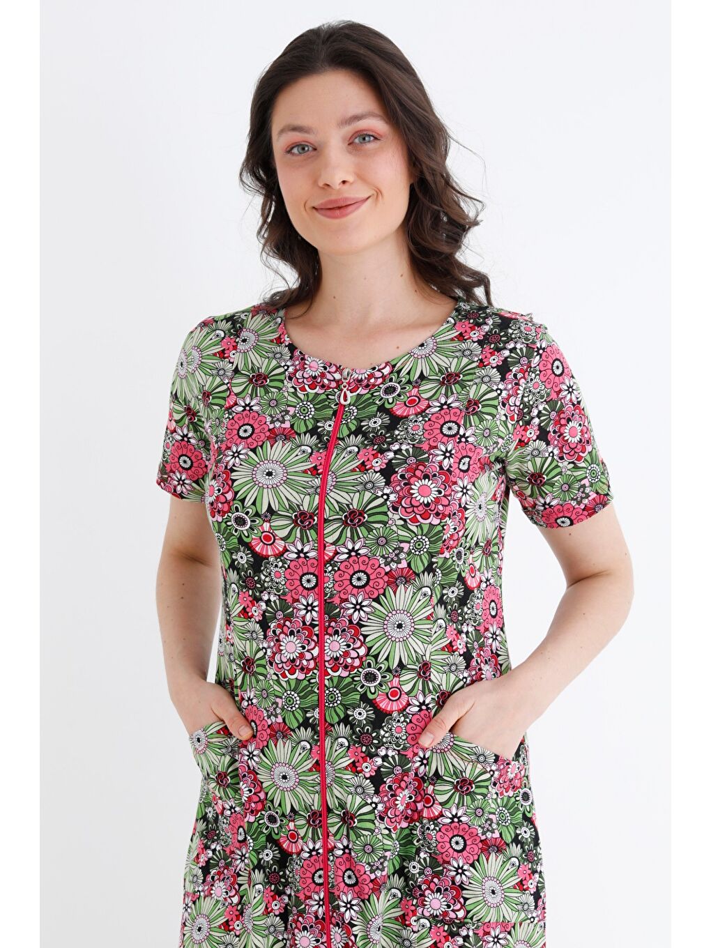 Karışık Rahat Kalıp Çiçek Desenli Pamuklu Boydan Fermuarlı Cepli Kadın Bisiklet Yaka Elbise-3